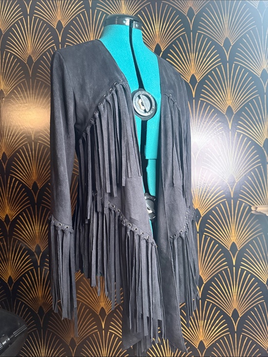 Vocal Jackets & Blazers - Black Faux Suede Grommet Fringe Open-Front Jacket